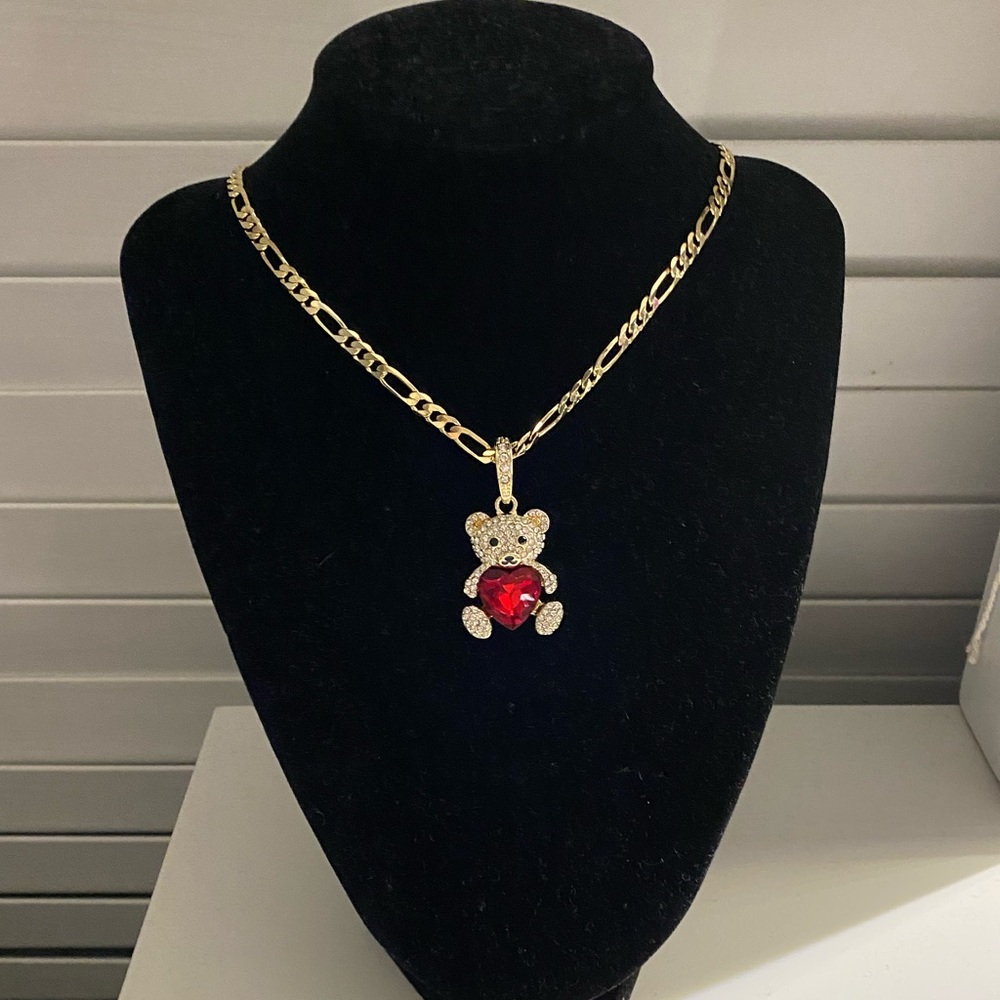 Gold Plated Bear Pendant With 20” Figaro Necklace